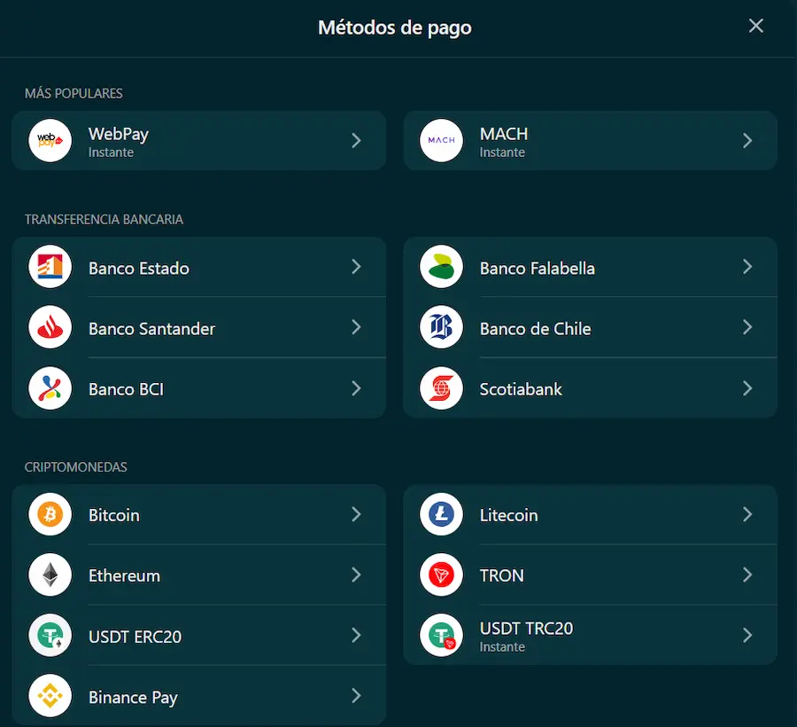 Métodos de pago en pesos chilenos en BetonWin con WebPay, MACH, bancos y criptomonedas